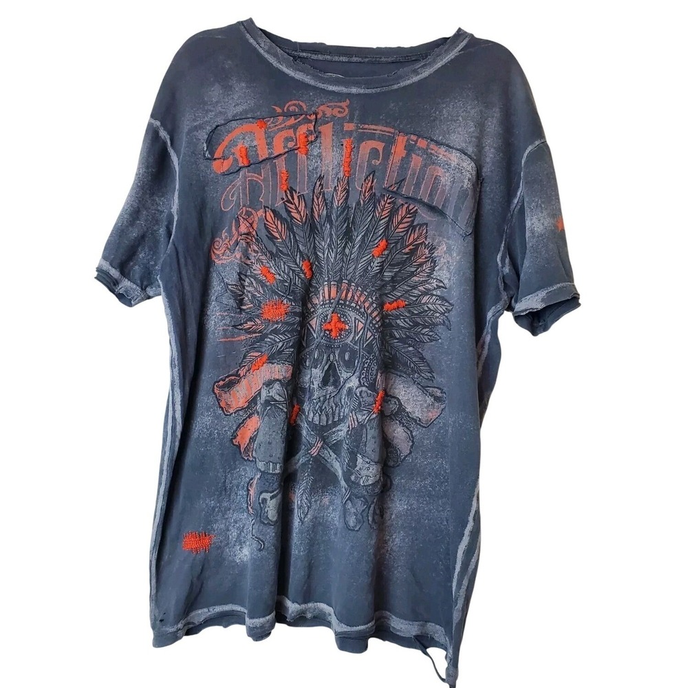 VTG Y2K Affliction T-SHIRT Mens‎ XL Embroidered Black Distressed ALL OVER PRINT